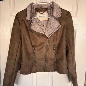 Gray/Green Jacket with Faux Fur Collar